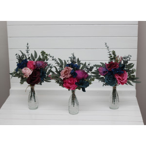 Simple wedding table flowers. Mini bouquets for vases in navy blue purple magenta teal color scheme. Flowers for wedding decor. Table flowers. Centerpiece.5055