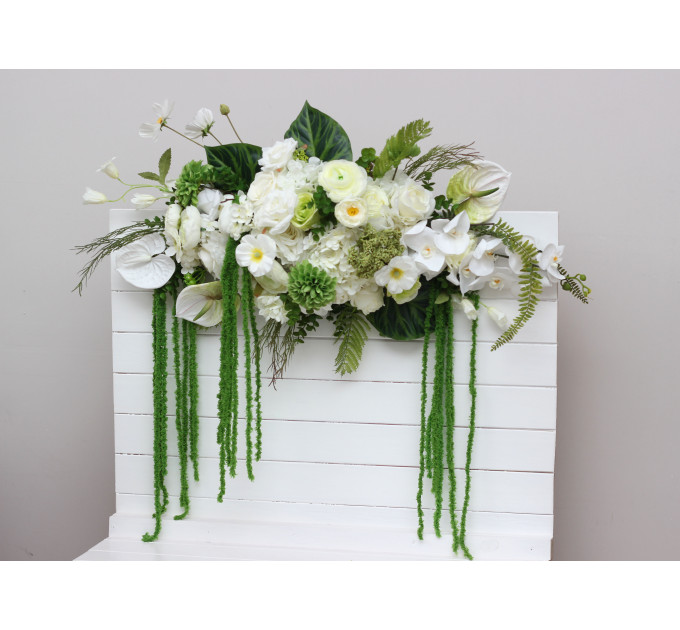 White & Green Flower Arch Arrangement with Hanging Amaranthus | Wedding Arbor Decor
