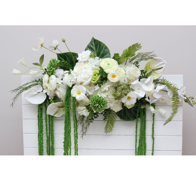 White & Green Flower Arch Arrangement with Hanging Amaranthus | Wedding Arbor Decor