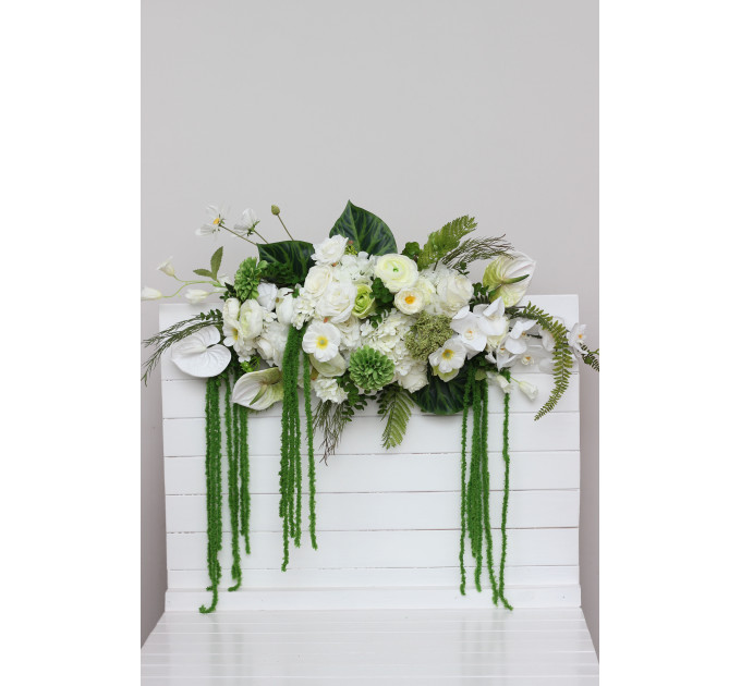 White & Green Flower Arch Arrangement with Hanging Amaranthus | Wedding Arbor Decor