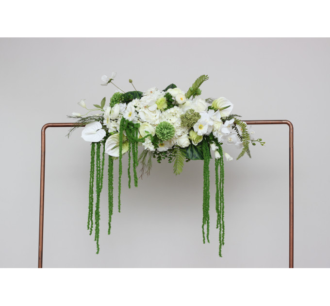 White & Green Flower Arch Arrangement with Hanging Amaranthus | Wedding Arbor Decor