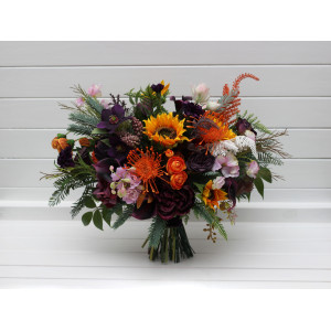 Luxory sunflower calla lily bridal bouquet in orange deep purple pink  colors. Wedding bouquet of faux flowers. 5392