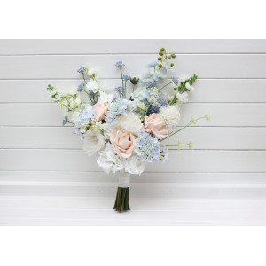 Dusty blue white blush pink bridal bouquet.  Faux flowers. Wedding bouquet. 5393