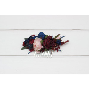 Flower comb in navy blue blush pink burgundy color scheme. Wedding accessories for hair. Bridal flower comb. Bridesmaid floral clip. 5022-1