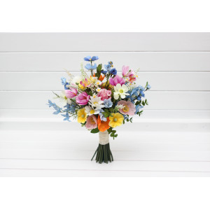 Wildflowers bouquet. Spring summer wedding  flowers. Blue white magenta yellow pink bouquet. Colorful daisy cosmos bouquet. 5396
