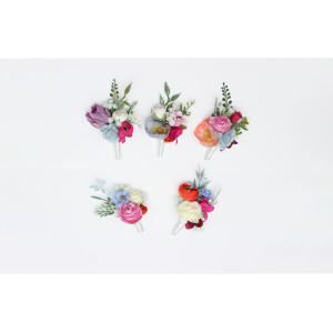 Colorful boutonnieres and wrist corsage. Orange peach dusty blue ivory pink wedding accessories. Summer wedding . Wildflowers buttonholes. 5367