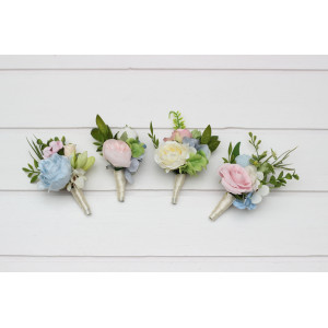  Wedding boutonnieres in green yellow pink dusty blue color scheme. Flower accessories for men. 5369