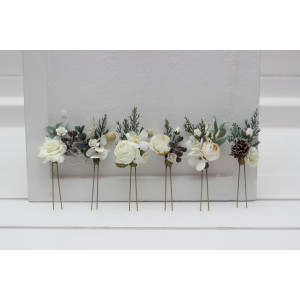  Set of 6 hair pins in white ivory color scheme. Flower hair pins for winter wedding. Hair accessories. Flower accessories with pine and cones. Bridesmaid gift.  5265
