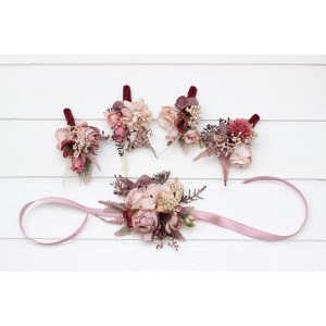  Wedding boutonnieres and wrist corsage  in beige brown mocha burgundy color scheme. Flower prom accessories. 5215