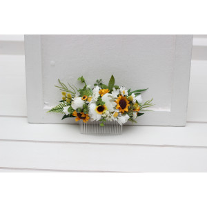 Flower hair comb  with sunflowers in white yellow color scheme. Wedding accessories for hair. Bridal flower comb. Rustic wedding. 5237