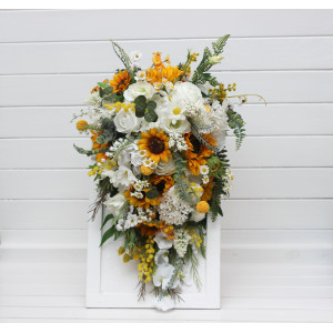 Cascade sunflower bridal bouquet. Faux flowers.Fall rustic wedding . Bridesmaid bouquet. 5237