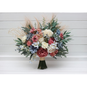 Ivory, dusty blue, dusty rose bridal and bridesmaid bouquets with pampas grass in boho style. Faux wedding flowers.  5397