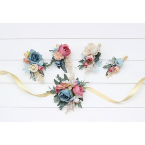  Wedding boutonnieres and wrist corsage in ivory dusty blue and dusty rose color scheme. Flower accessories for weddings and proms. 5397