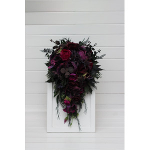 Purple magenta black green cascade bridal bouquet. . Faux wedding bouquet. Bridesmaid bouquet. 5370