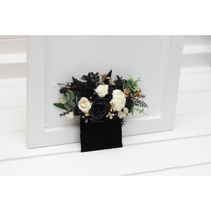 Pocket boutonniere in black ivory gold color scheme. Flower accessories. Pocket square flowers.  5300