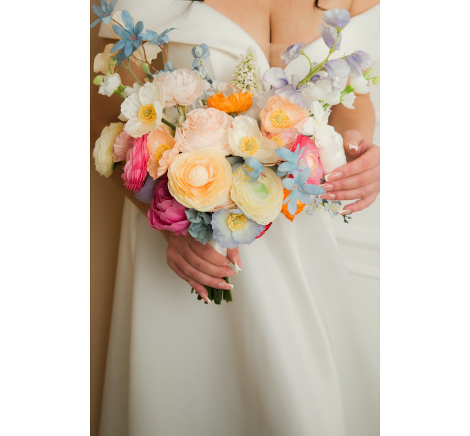Colorful Bridal Bouquet – Orange, Peach, Dusty Blue, Ivory, and Pink Faux Flowers