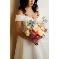 Colorful Bridal Bouquet – Orange, Peach, Dusty Blue, Ivory, and Pink Faux Flowers