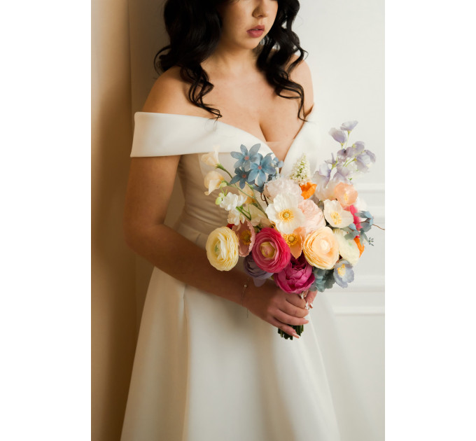 Colorful Bridal Bouquet – Orange, Peach, Dusty Blue, Ivory, and Pink Faux Flowers