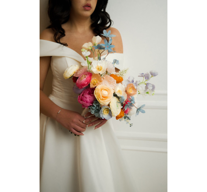Colorful Bridal Bouquet – Orange, Peach, Dusty Blue, Ivory, and Pink Faux Flowers