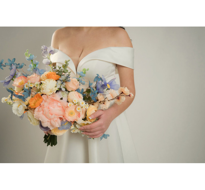 Colorful Faux Bridal Bouquet – Peach, Dusty Blue, Ivory & Orange Bridesmaid Bouquet