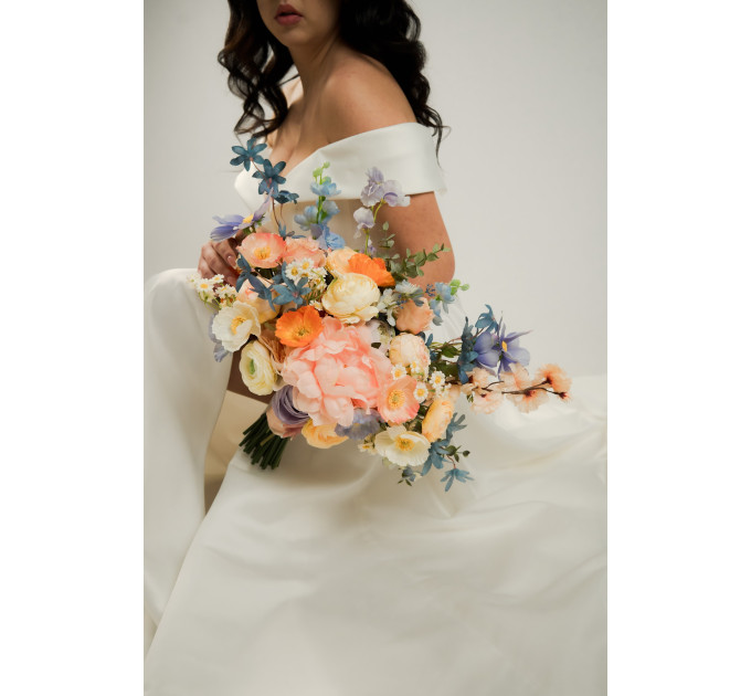 Colorful Faux Bridal Bouquet – Peach, Dusty Blue, Ivory & Orange Bridesmaid Bouquet