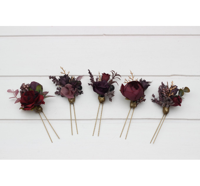 Set of 5 Hair Pins in Purple, Burgundy & Gold | Wedding Flower Hair Accessories