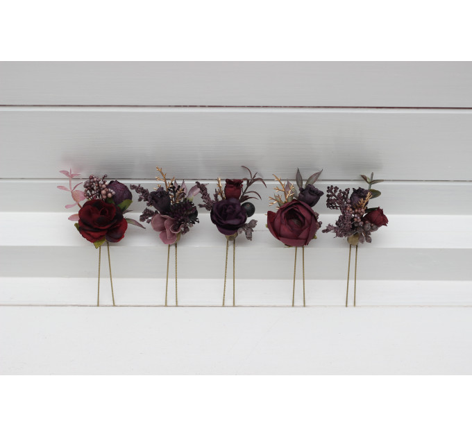 Set of 5 Hair Pins in Purple, Burgundy & Gold | Wedding Flower Hair Accessories