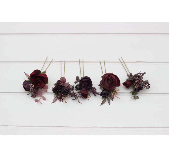 Set of 5 Hair Pins in Purple, Burgundy & Gold | Wedding Flower Hair Accessories