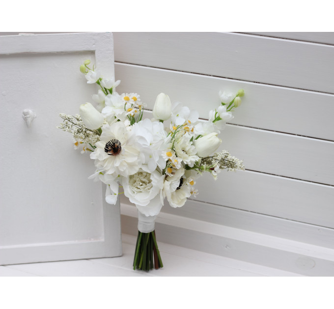 White Bridal Bouquet with Anemones, Tulips & Daisies | Faux Wildflowers