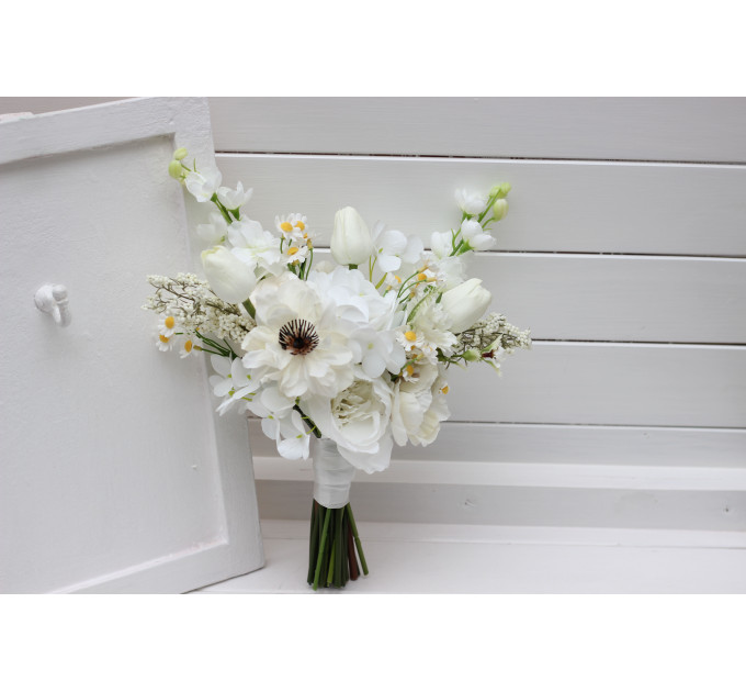 White Bridal Bouquet with Anemones, Tulips & Daisies | Faux Wildflowers