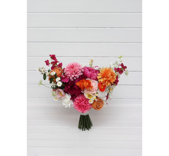 Orange, Magenta & Pink Bridal & Bridesmaid Bouquets | Wildflowers & Faux Dahlia Daisy Wedding Bouquets