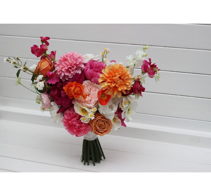 Orange, Magenta & Pink Bridal & Bridesmaid Bouquets | Wildflowers & Faux Dahlia Daisy Wedding Bouquets