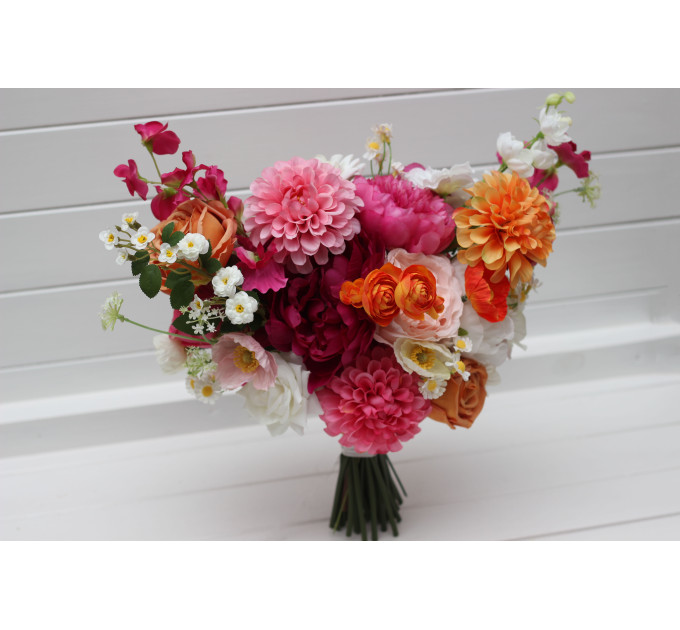 Orange, Magenta & Pink Bridal & Bridesmaid Bouquets | Wildflowers & Faux Dahlia Daisy Wedding Bouquets