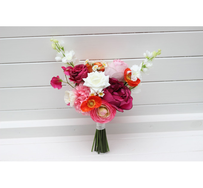 Orange, Magenta & Pink Bridal & Bridesmaid Bouquets | Wildflowers & Faux Dahlia Daisy Wedding Bouquets
