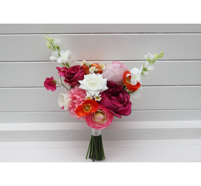 Orange, Magenta & Pink Bridal & Bridesmaid Bouquets | Wildflowers & Faux Dahlia Daisy Wedding Bouquets
