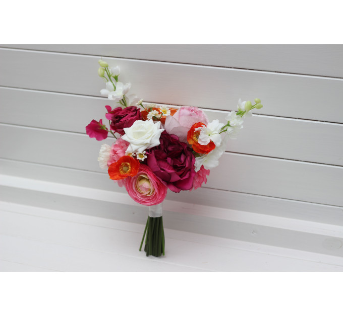 Orange, Magenta & Pink Bridal & Bridesmaid Bouquets | Wildflowers & Faux Dahlia Daisy Wedding Bouquets