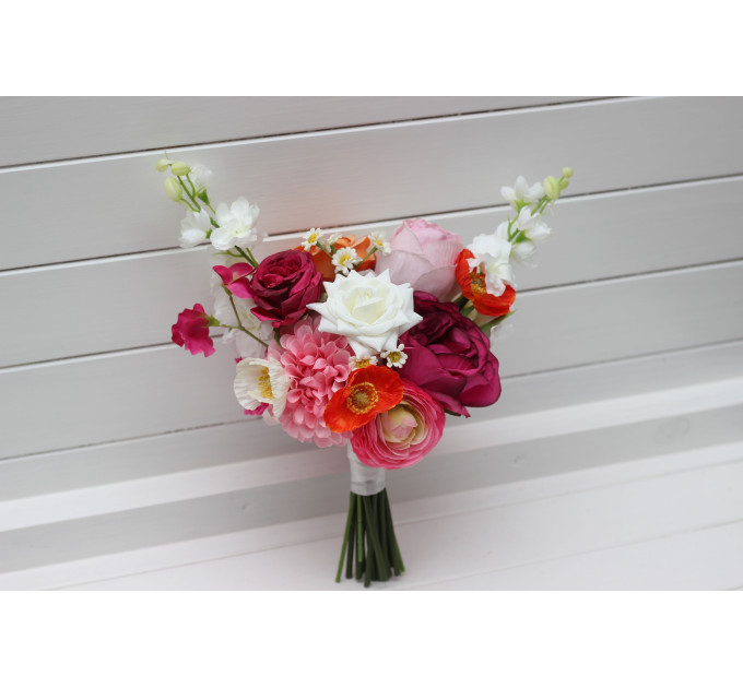 Orange, Magenta & Pink Bridal & Bridesmaid Bouquets | Wildflowers & Faux Dahlia Daisy Wedding Bouquets