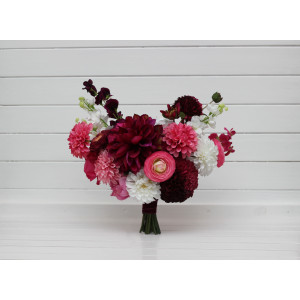 Colorful bridal bouquet. White magenta pink flowers for summer wedding. Dahlia bouquet. 5386