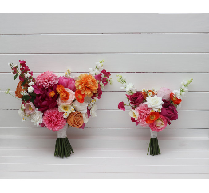 Orange, Magenta & Pink Bridal & Bridesmaid Bouquets | Wildflowers & Faux Dahlia Daisy Wedding Bouquets