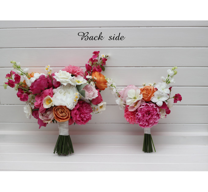 Orange, Magenta & Pink Bridal & Bridesmaid Bouquets | Wildflowers & Faux Dahlia Daisy Wedding Bouquets
