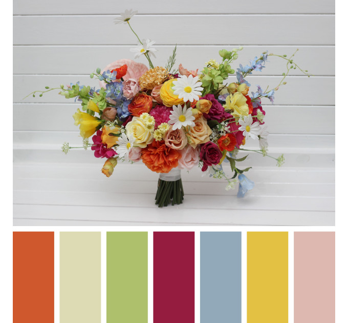 Orange, Magenta, Pink, Yellow, Dusty Blue & Green Bridesmaid Bouquet | Summer Wildflower Faux Wedding Flowers