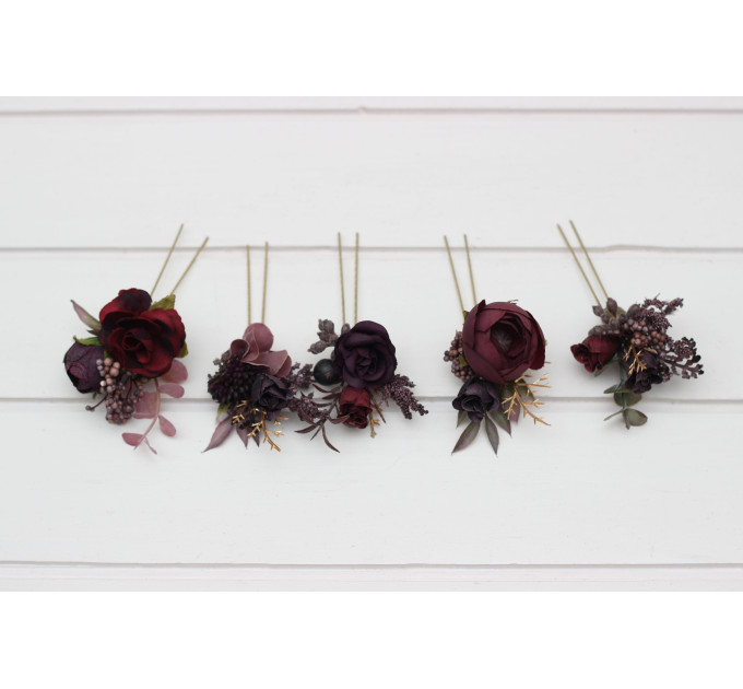 Set of 5 Hair Pins in Purple, Burgundy & Gold | Wedding Flower Hair Accessories