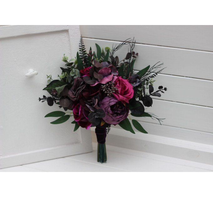 Black, Purple, and Magenta Bridal Bouquet – Gothic Halloween Wedding Flowers