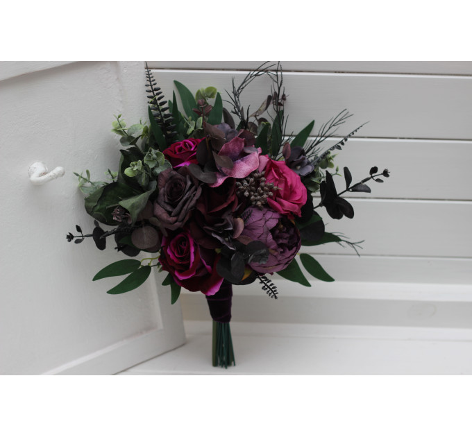 Black, Purple, and Magenta Bridal Bouquet – Gothic Halloween Wedding Flowers