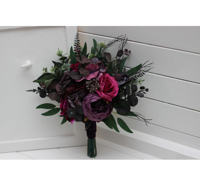 Purple, Magenta, Black & Green Cascading Bridal Bouquet | Faux Wedding & Bridesmaid Bouquets