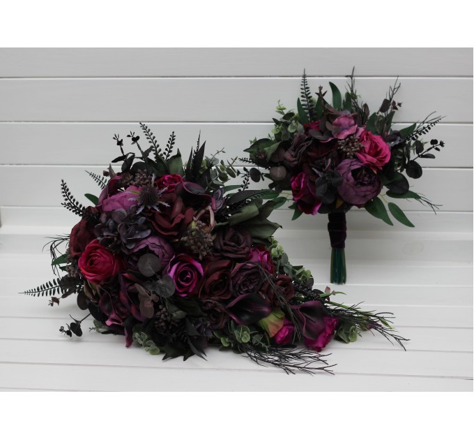 Purple, Magenta, Black & Green Cascading Bridal Bouquet | Faux Wedding & Bridesmaid Bouquets
