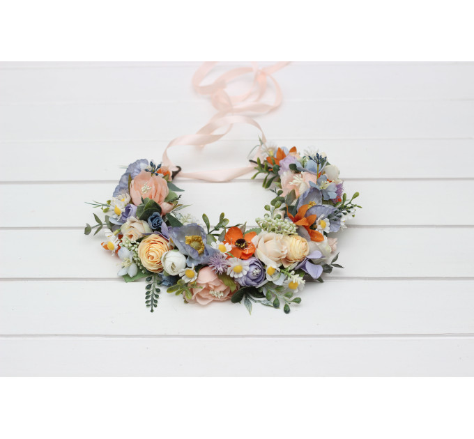 Peach, Orange, Dusty Blue, Ivory & Lilac Flower Crown | Wildflowers Hair Wreath