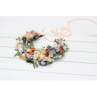 Peach orange dusty blue ivory lilac flower crown. Wildflowers hair wreath. Spring summer boho wedding. Colorful floral crown. 5364
