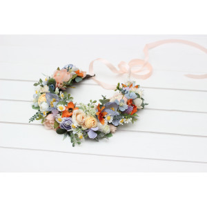 Peach orange dusty blue ivory lilac flower crown. Wildflowers hair wreath. Spring summer boho wedding. Colorful floral crown. 5364