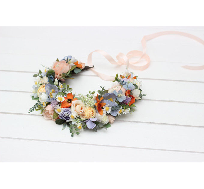 Peach, Orange, Dusty Blue, Ivory & Lilac Flower Crown | Wildflowers Hair Wreath